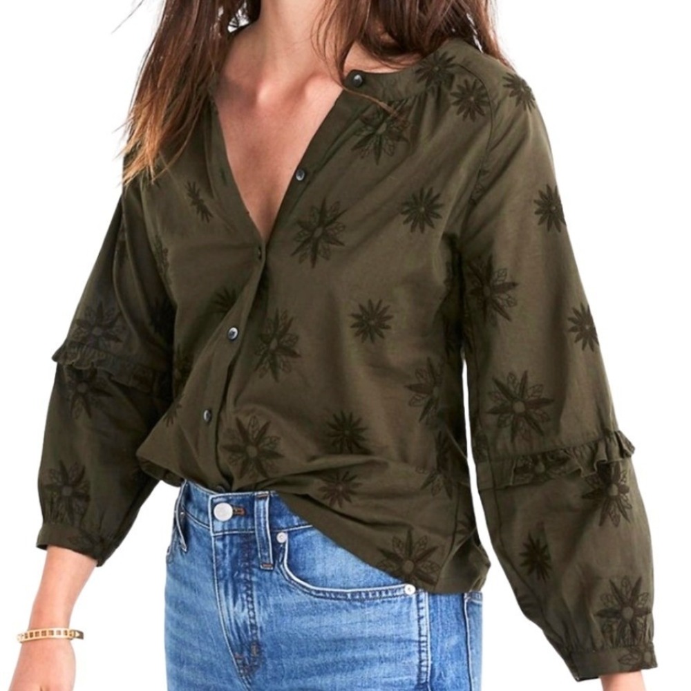 Madewell‎ Embroidered Bubble Sleeve Ruffle Sleeve Button Top Olive Green Size M